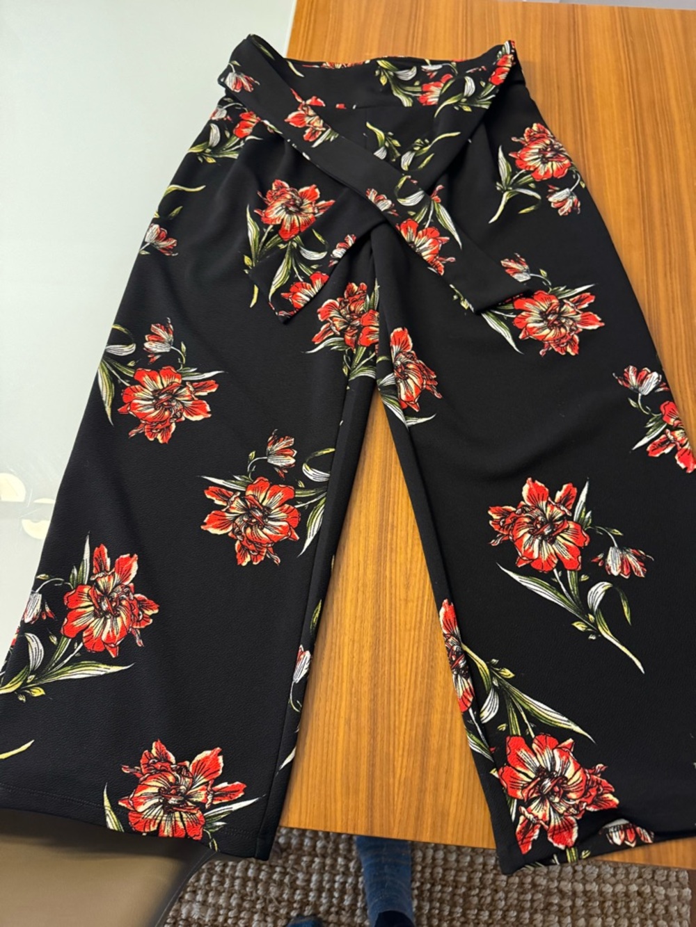 Massini Black Pants with Red and Cream Floral Accents